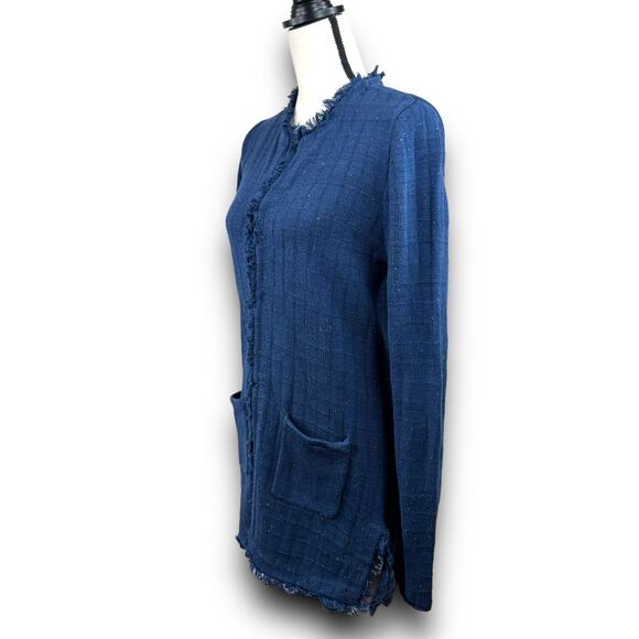 CAbi Duchess Longline Cardigan Sweater Blue Multicolor Flecks Frayed Edge Medium - Picture 3 of 7